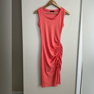 21 Saints Casual Sleeveless Ribbed Ruched Side Tie Slit Midi Dress Coral Pink